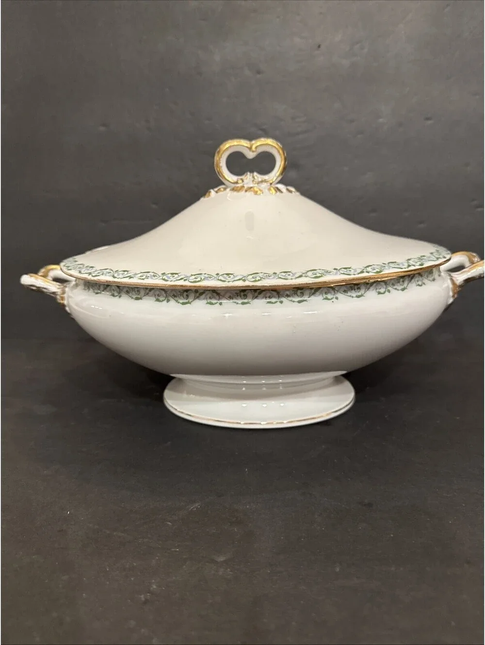 Wm Guerin & Co Limoges Covered Serving Bowl Tureen W Lid Green Blue  Swirl Gold